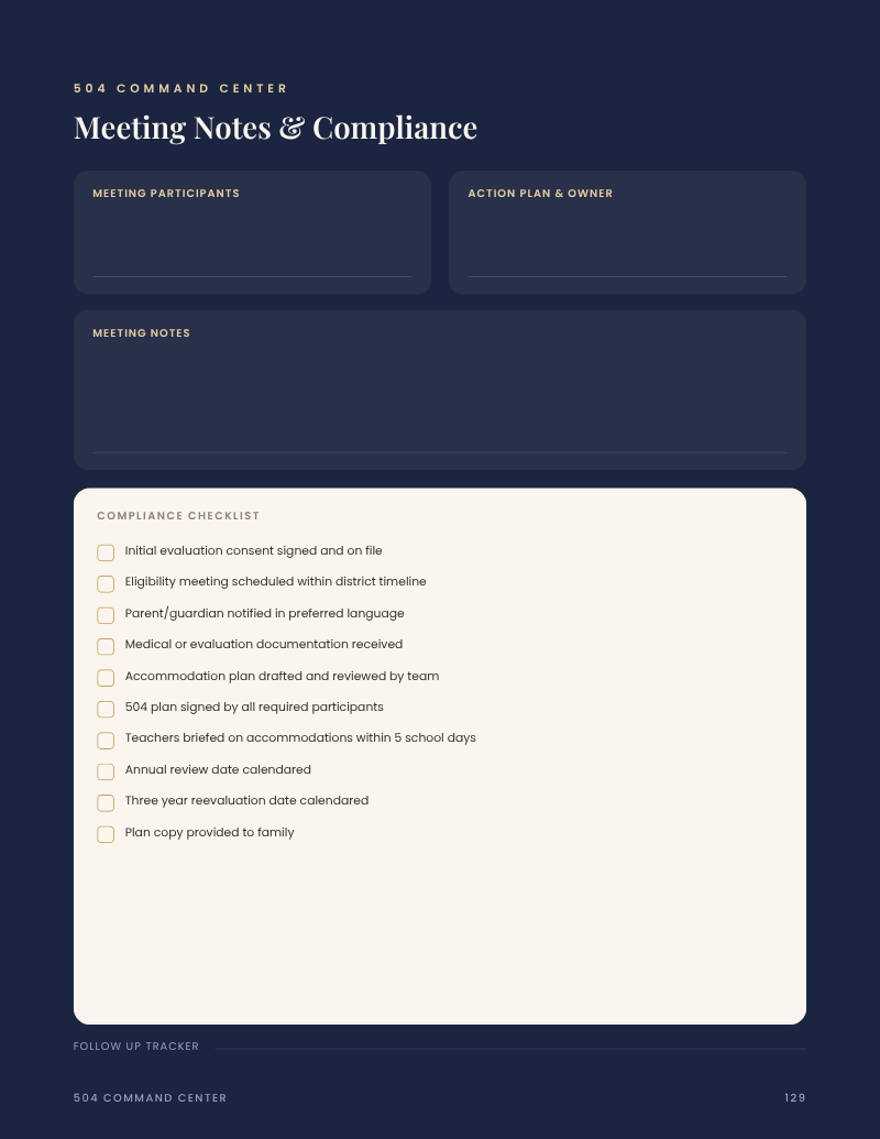 504 meeting notes and compliance checklist page