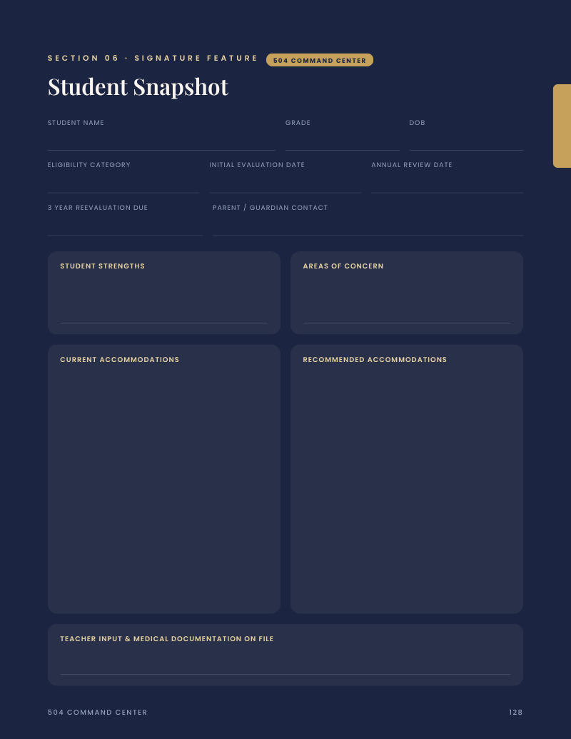 504 Command Center student snapshot page with strengths, concerns, and accommodations