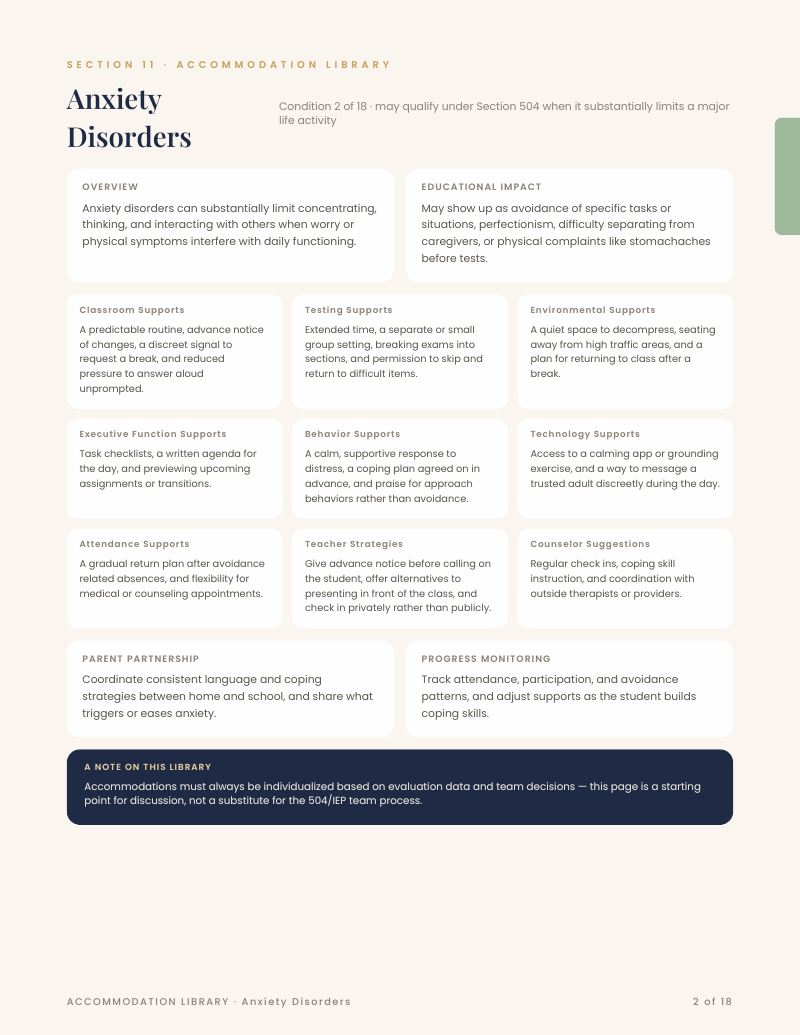 Accommodation Library page for anxiety disorders with support strategies