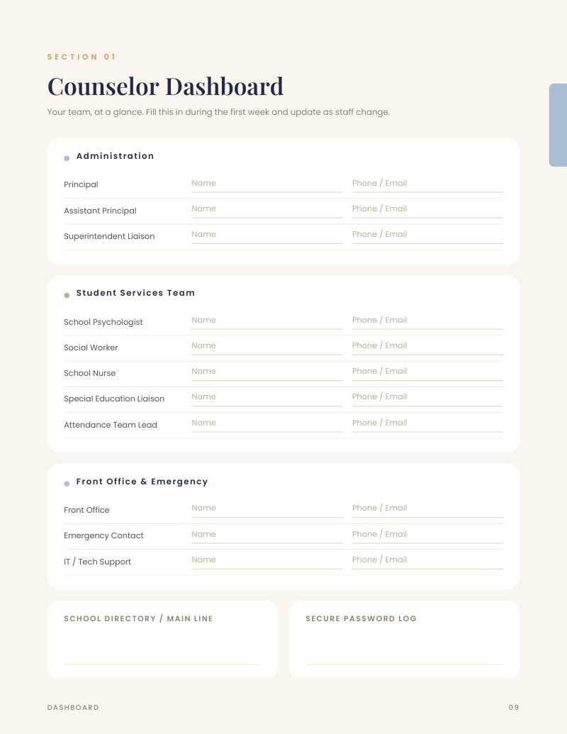 Counselor Dashboard page listing administration, student services team, and front office contacts
