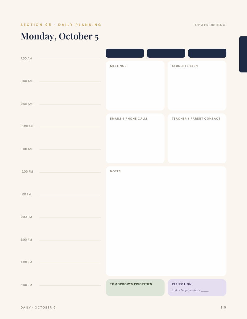 Daily planning page with schedule, meetings, students seen, and reflection blocks