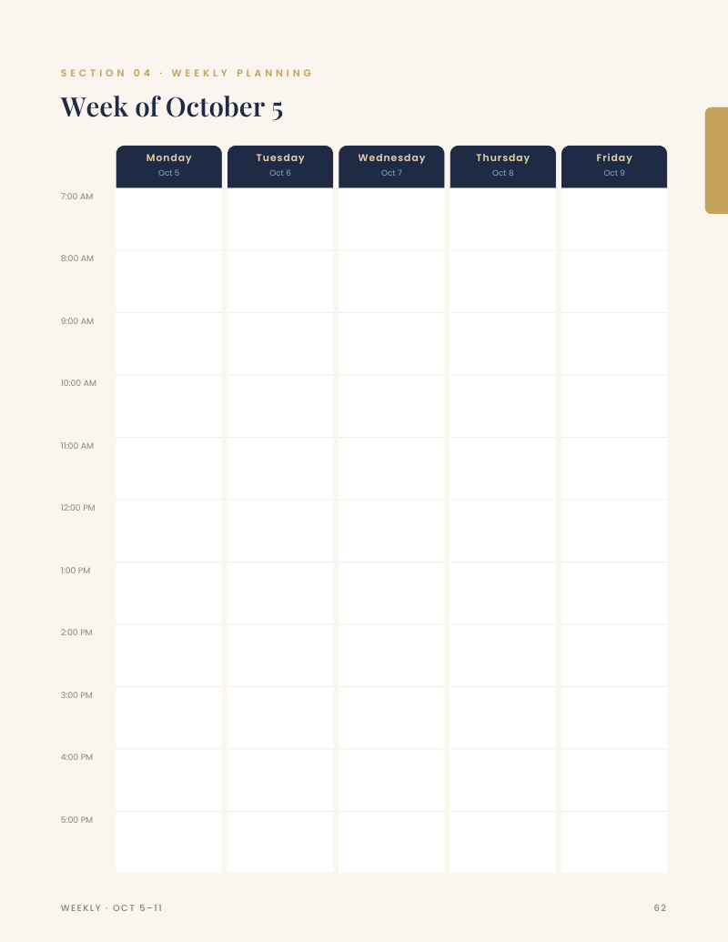 Weekly planning page with hour-by-hour columns for Monday through Friday